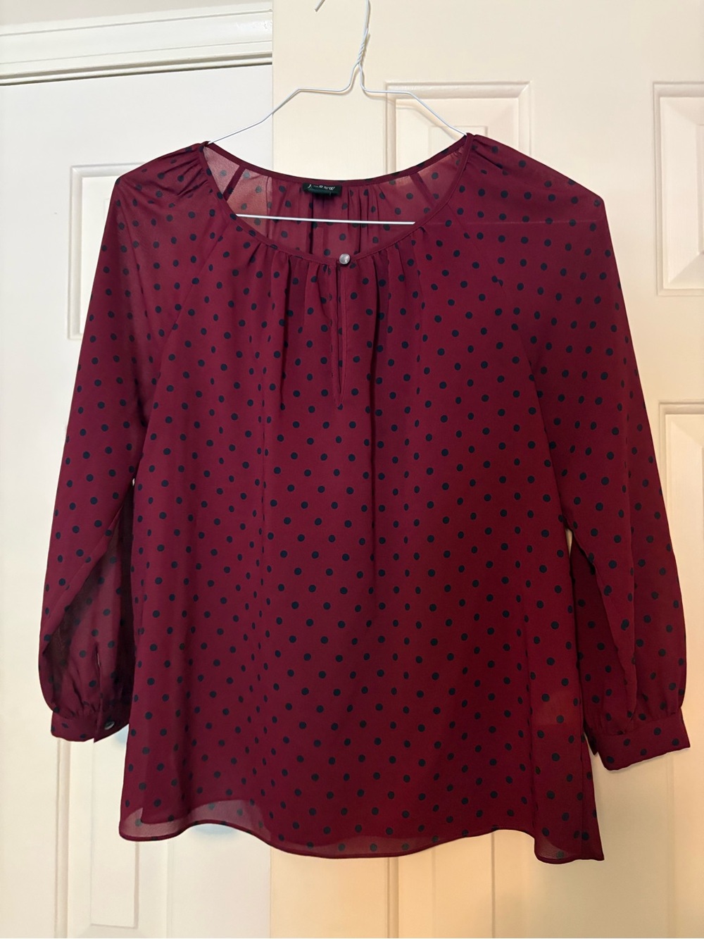 J. Crew Burgundy Blouse with Navy Polka Dots